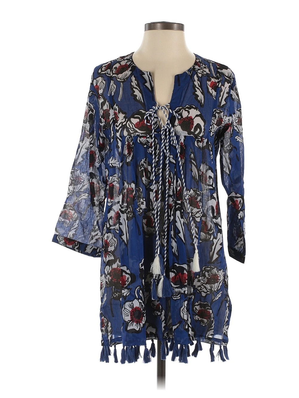 Royal Blue Floral Tassel-Trim Kimono Cover-Up